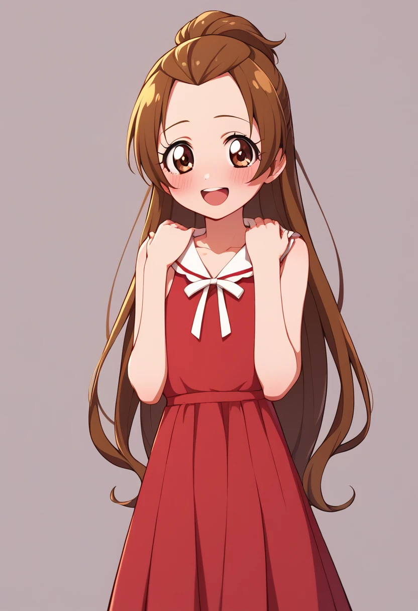 score_9, score_8_up, score_7_up, flat chested, source anime, anime colors, agurimadoka, 1girl, long hair, brown hair, dress, brown eyes, very long hair, sleeveless, sailor collar, red dress, half updo, white sailor collar, smile, open mouth, blush, shy, hands on back,