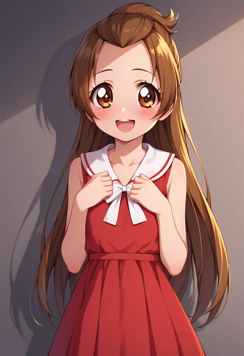 score_9, score_8_up, score_7_up, flat chested, source anime, anime colors, agurimadoka, 1girl, long hair, brown hair, dress, brown eyes, very long hair, sleeveless, sailor collar, red dress, half updo, white sailor collar, smile, open mouth, blush, shy, hands on back,