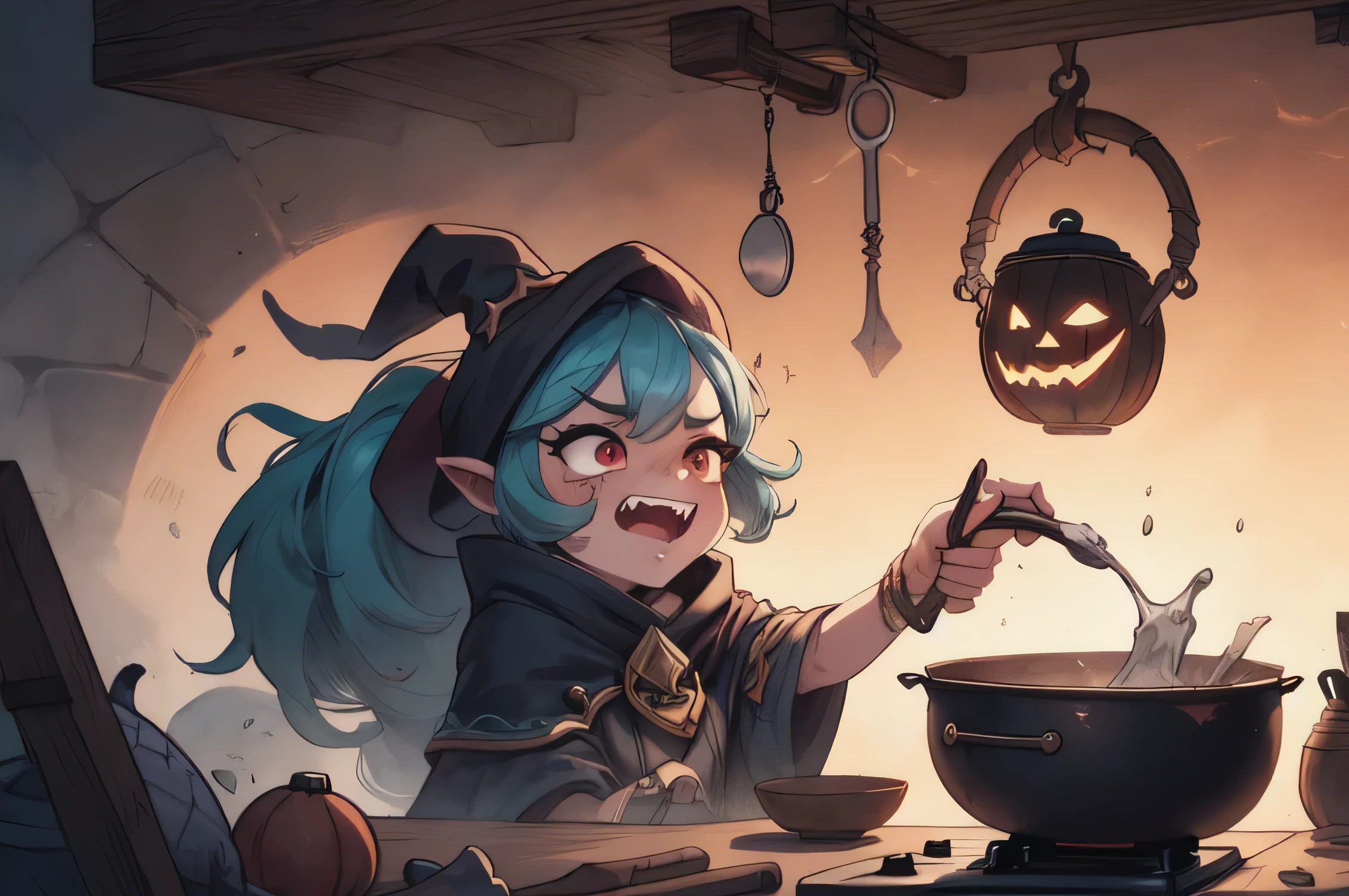 lulu do jogo league of legends,  in front of a cauldron,  with an evil face ,  Halloween scene , Macabre kitchen ,  cauldron in front , splash art, ultra detaild