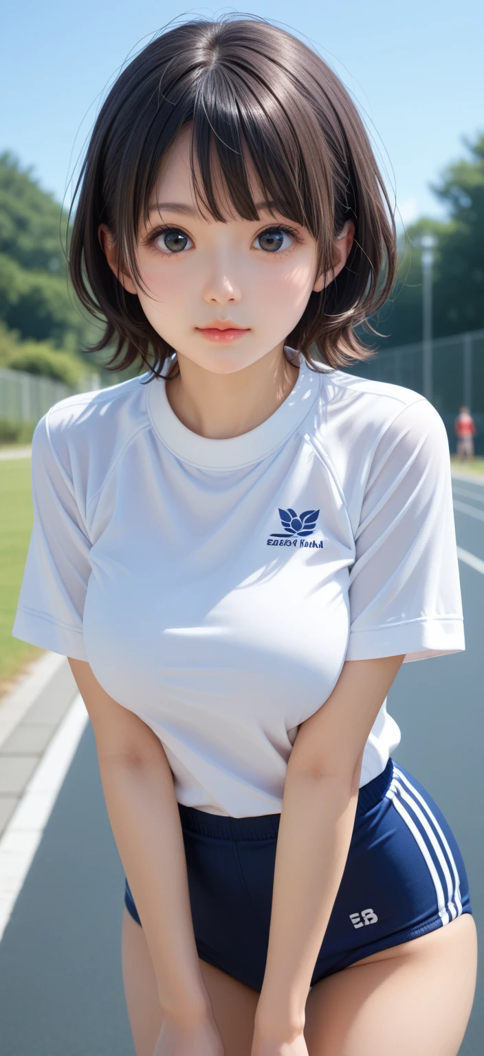 score_9,score_8_up,score_7_up,BREAK, rating_safe,source_real,one girl,tiny,small face,round face,narrow chin,detailed face,idol eyes,big eyes,black eyes,beautiful iris,buruma,gym uniform,short hair,japanese nose,no make up,looking at viewer,large breasts,outdoors