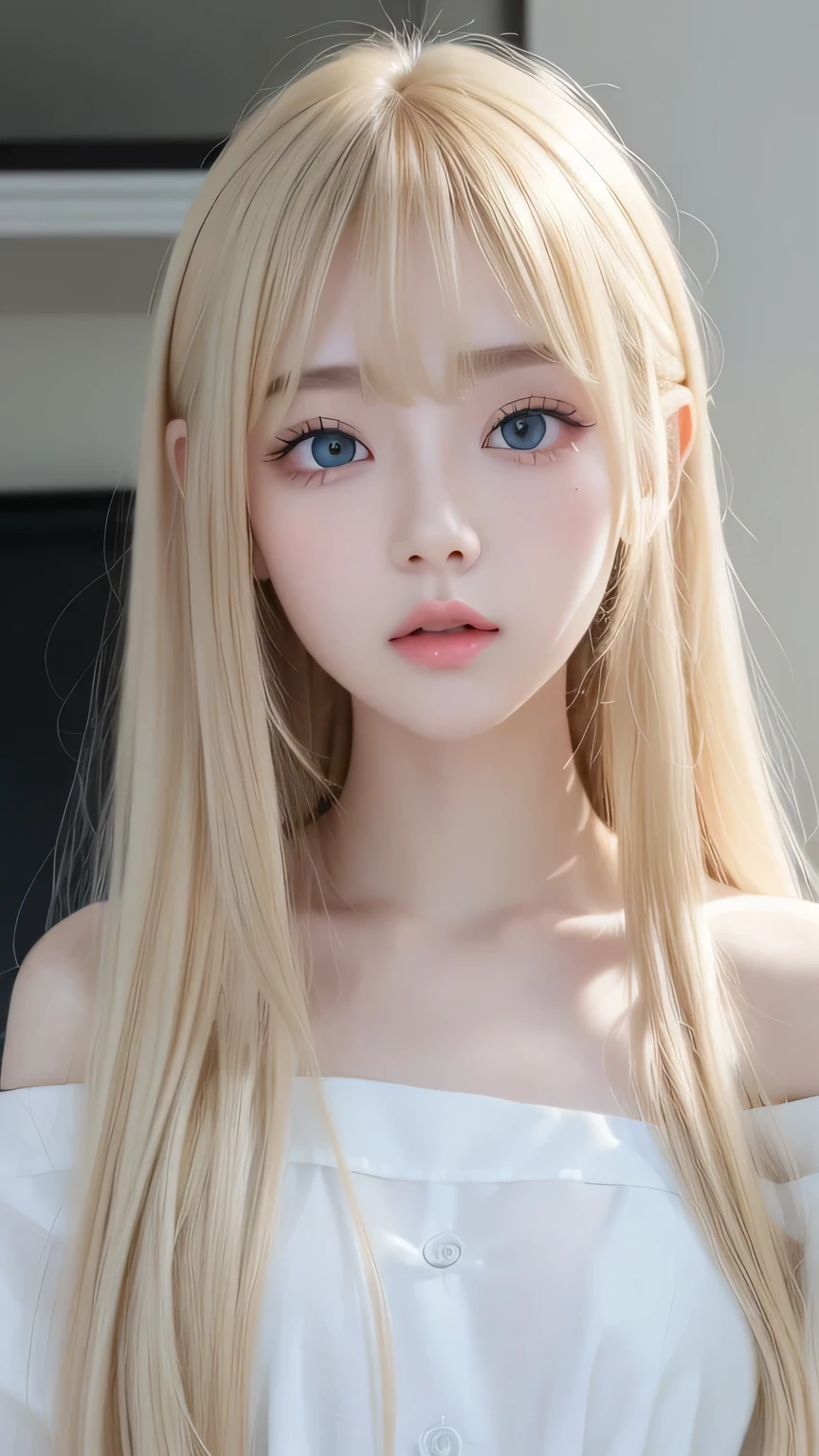 Perfectly beautiful young face 、 messy silky beautiful blonde 、 beautiful cute first time at 19 々Beautiful girl、 very beautiful beautiful ridiculously bright pale sky blue big eyes、 very super long beautiful blonde silky shiny hair 、Super long blonde hair、long beautiful bangs 、Very big eyes、Small Face Beauty、 eyeliner 、Very white shiny skin、Gloss Face、Cheek gloss、Hair above the eyes、片Hair above the eyes、 hair between eyes 、Round face