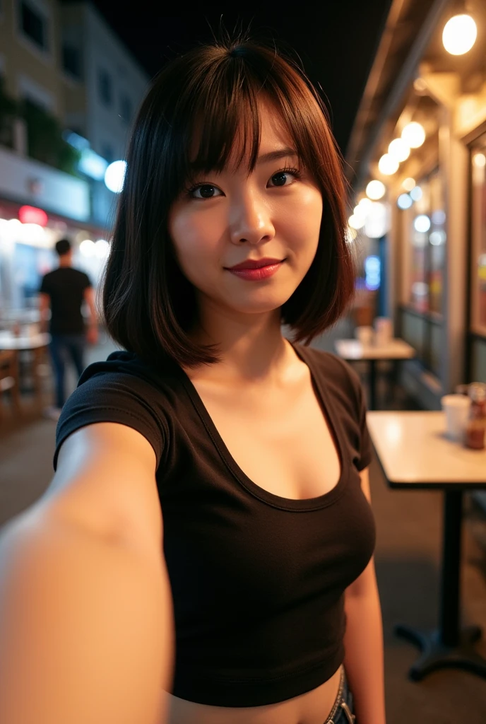 （Photo taken in a selfie :1.4),((Midnight,  It&#39;s the best quality, 8k,   )), whole body: 1.2,  Tight Abs : 1.2, (( black very short apple shaped hair : 1.2, medium breasts: 1.2)), (Tight T-shirt: 1.1,  at dawn: 1.1,  natural makeup), ( outdoor ,  simple dining table  , Outside the restaurant,    crowded background, night lighting: 1.1),  selfie taken with right hand extended forward、  high definition face and skin texture ,  Detailed eyes ,  double eyelid, Single beat ,   face looking at camera   , Selfie composition、