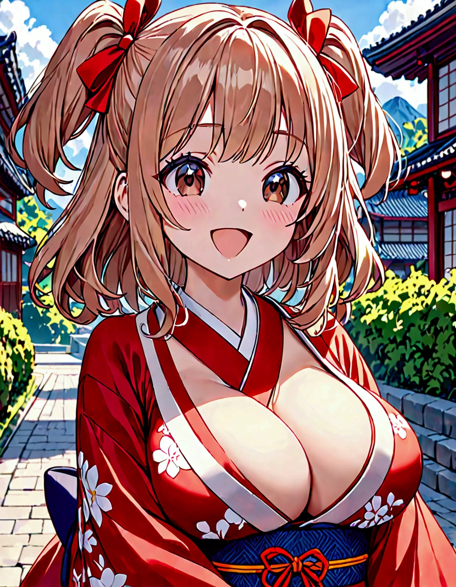 (masterpiece)(best quality)(ultra detailed)(high resolution),solo  girl, light brown hair medium hair wave hair, two side up with ribbon, dark brown eyes, large breasts, goddess face, ;d, upper body above the knees, (Kimono), outdoors,