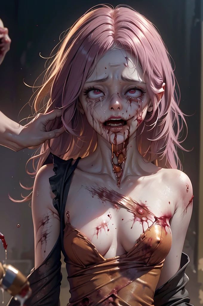 (Best Quality),Highly detailed,Super detailed, 1 girl, (beautiful girl),((Baby Face)), ((High school girl)), (Dark atmosphere), (Dim lighting), (( sexy)),( small breasts), Halloween , (( zombie cosplay)),(((Zombie Makeup))),(((Bloody, My body is covered with blood ))), (( pink nails for )), ((Masturbation)),( sex, sexual behavior), ( fellatio), (Completely naked), (semen), ( Pizzling ),( happy expression), (Seductive expression), (( ecstatic expression)),((incontinence,Urine,Pee)),((happy tears)),(口の中にsemenが溢れている)