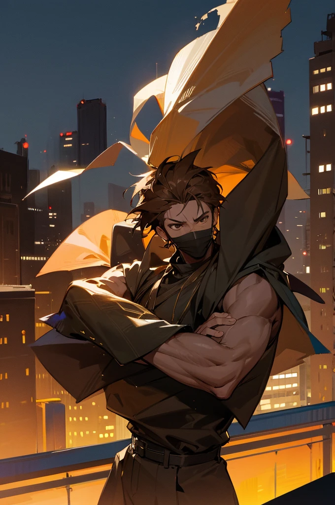 Adult, male, Street clothes, African American skin color, Brown eyes, Messy brown hair, mask, City background, arms cross pose.