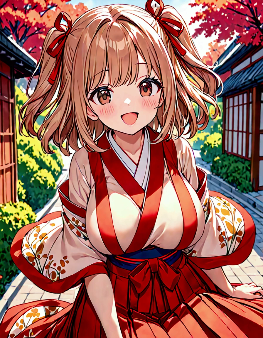 (masterpiece)(best quality)(ultra detailed)(high resolution),solo petite girl, light brown hair medium hair wave hair, two side up with ribbon, dark brown eyes, large breasts, goddess face, ;d, upper body above the knees, (Kimono Hakama), outdoors,