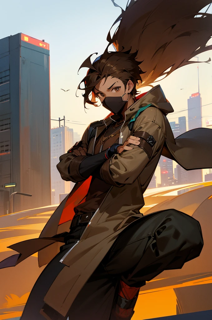 Adult, male, Street clothes, African American skin color, Brown eyes, Messy brown hair, mask, City background, arms cross pose.