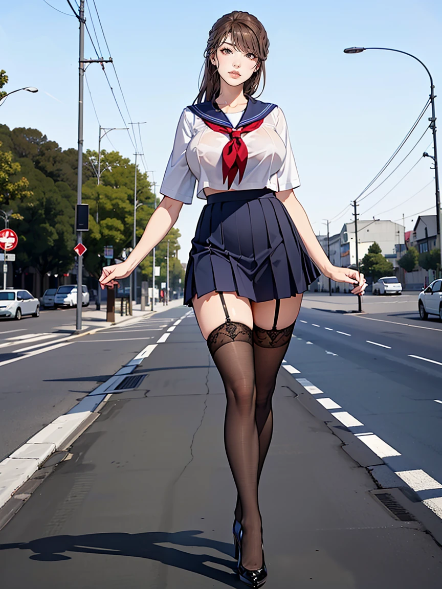 (masterpiece, Highest quality:1.2), One Girl, alone, whole body, Big Breasts,, Brown Hair,Big Breasts, Brown eyes, Mature Woman, blush, , she is standing on the street,whole body, Brown Hair, lipstick, ランダムなカラーのSailor suit、((High quality fabric, Sailor suit, Navy Pleated Skirt)), ((Short length)), zettai ryouiki, Exposing your thighs, White skin, (Black garter stockings), ((Wear black high heels)),, (Flip up your skirt to show your:1.2), (I like showing my crotch to the audience....., ), pubic hair,