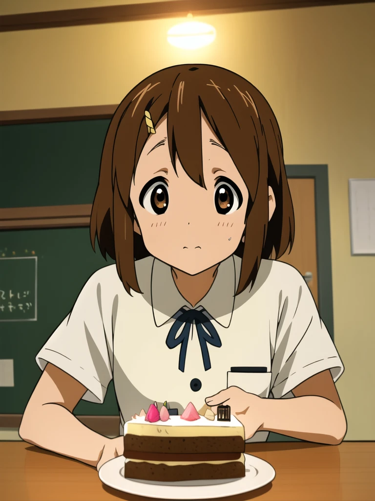 ((masterpiece)), hirasawa yui, 1girl, breasts, short body, short brown hair, sakuragaoka high school uniform, eating piece of cake, school indoors, complex background