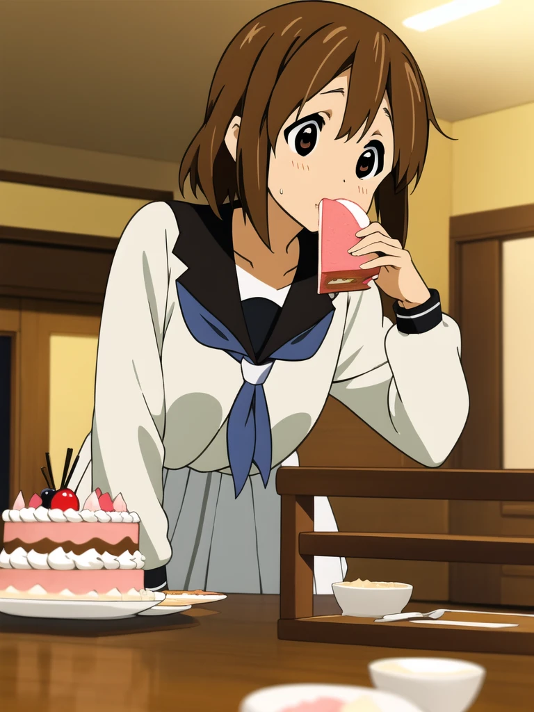 ((masterpiece)), hirasawa yui, 1girl, breasts, short body, short brown hair, sakuragaoka high school uniform, eating piece of cake, school indoors, complex background