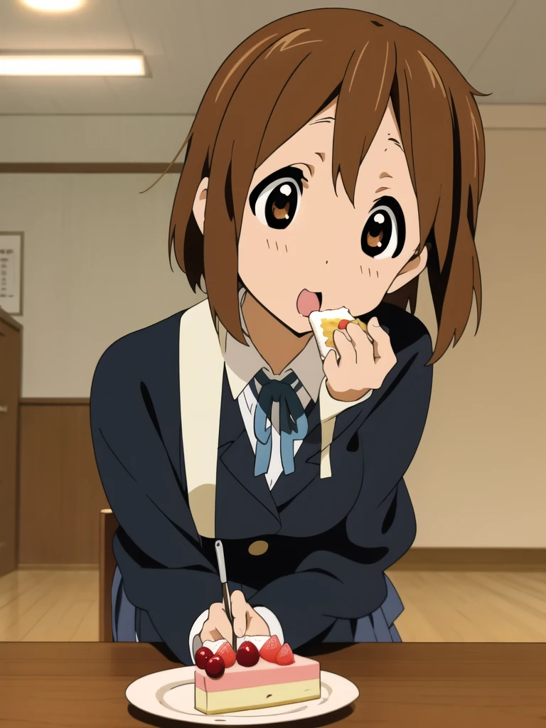 ((masterpiece)), hirasawa yui, 1girl, breasts, short body, short brown hair, sakuragaoka high school uniform, eating piece of cake, school indoors, complex background