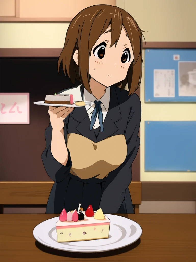 ((masterpiece)), hirasawa yui, 1girl, breasts, short body, short brown hair, sakuragaoka high school uniform, eating piece of cake, school indoors, complex background