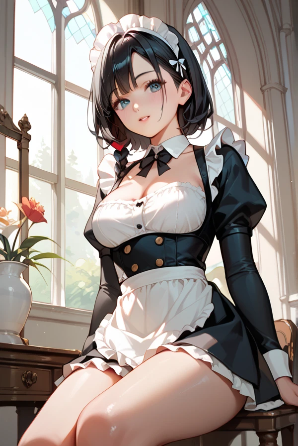 Black Hair, maid clothes,Thighs,Mansion,Maid knitting on the windowsill, anime style
