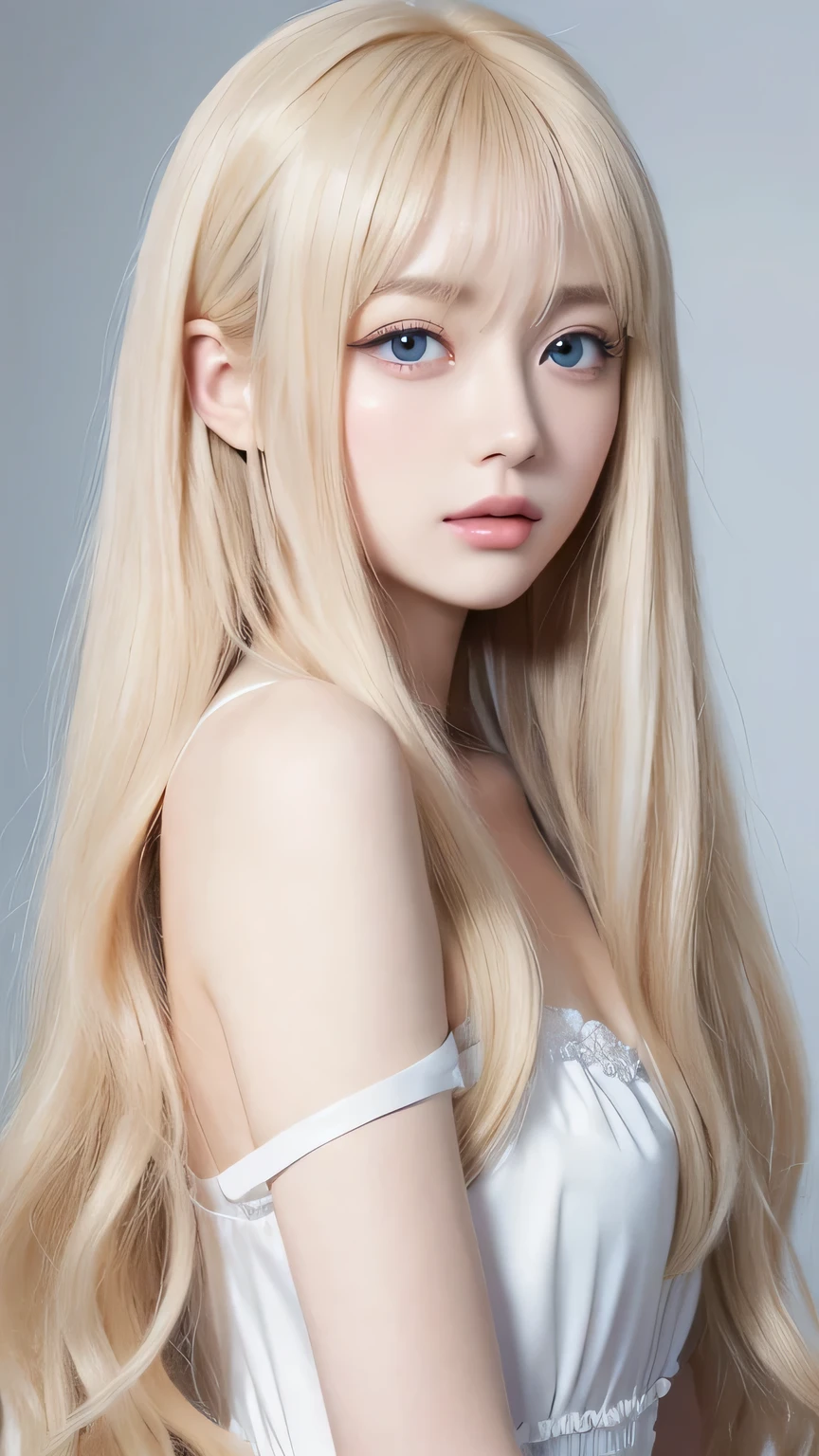 Perfectly beautiful young face 、 messy silky beautiful blonde 、 beautiful cute first time at age 19 々Beautiful girl、 very beautiful beautiful ridiculously bright pale sky blue big eyes、 very super long beautiful blonde silky shiny hair 、Super long blonde hair、long beautiful bangs 、Very big eyes、Small Face Beauty、 eyeliner 、Very white shiny skin、Gloss Face、Cheek gloss、Hair above the eyes、片Hair above the eyes、 hair between eyes 、Round face