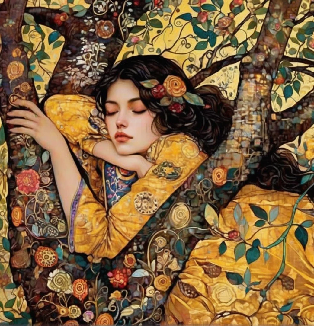  Picture of a Woman Lying on a Bed with Trees, inspired Rebecca Gay , Rebecca Gay , ,  Mucha Klimt , Muha style 4K, Alphonse Mucha. Rich colors, art noveau painting,  Gustav Klimt's Style ,  Gustav Klimt 4K ,  Gustav Klimt 4k ,  Inspired by James C . Christiansen、Klimt-like coloring, Klimt pattern including floral patterns on tree branches, light yellow background, women's dress is mountain yellow、A stylized, dreamlike painting of a woman with dark, wavy hair, leaning against a tree with a peaceful, serene expression. She is wearing a richly decorated yellow garment adorned with intricate floral and swirling patterns in warm tones. Her eyes are closed, and her face is calm, with soft pink makeup. The tree around her is also highly decorated with intricate, colorful designs, featuring detailed leaves, flowers, and swirling vines in shades of green, red, and gold. The background is filled with a vibrant tapestry of floral and geometric patterns, blending harmoniously with the woman and tree, creating a sense of unity with nature. The style is inspired by Art Nouveau with a touch of surrealism, emphasizing bold colors, ornate details, and a warm, inviting color palette