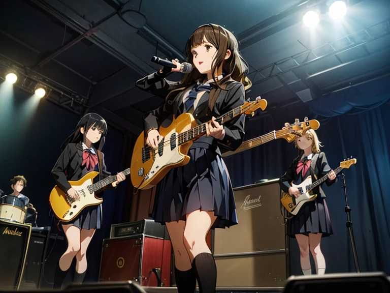 5 girls, there are five girls in school uniforms playing music together, Girl band illustration, seifuku, rock band, jk uniform, band playing instruments, japanese school uniform, band name is "After School Tea Time", band promo, high school girls, happy!!!, band playing, K-ON!, **Yui Hirasawa, Her hair is brown and bob cut. She has a yellow hairpin holding her right bangs in place, Black Pantyhose, Grey neckerchief, have a Gibson Les Paul Standard**. **Mio Akiyama, She has long straight black hair. Her bangs are cut in a hime style, Grey neckerchief, Black knee-high socks, have a Fender Jazz Bass left-handed model**. **Tainaka Ritsu, She has short brown hair with a yellow headband and her forehead is exposed, White ankle socks, Grey neckerchief, Plays the drums**. **Kotobuki Tsumugi, She has thick semicircular eyebrows, and long wavy hair that is a light color almost blonde, Fair skin, Grey neckerchief, White ankle socks, Keyboard player**. **Azusa Nakano, She has long twin-tailed, slightly bluish black hair, Black knee-high socks, red neckerchief, Plays rhythm guitar**. ((All of them are wearing navy blazers and grey pleated skirts)). 