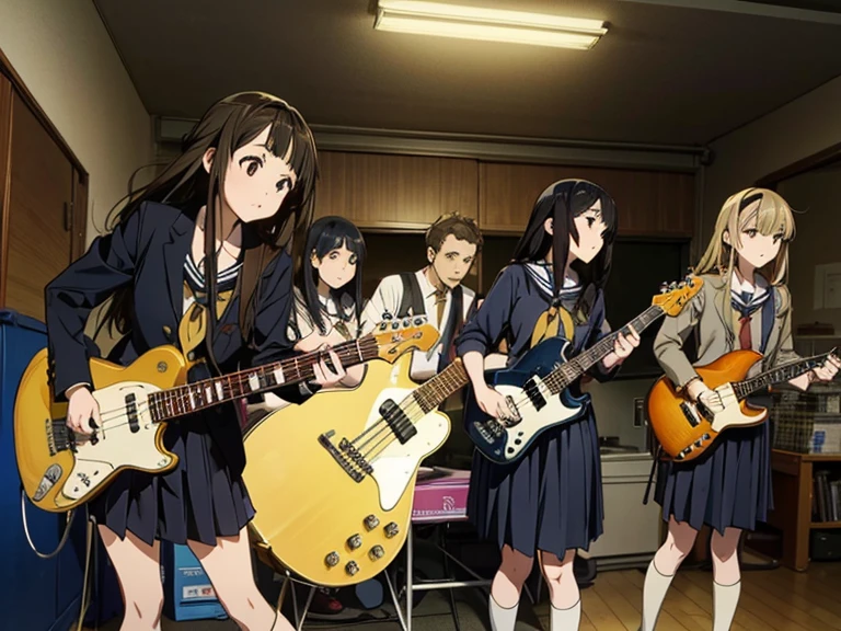 5 girls, there are five girls in school uniforms playing music together, Girl band illustration, seifuku, rock band, jk uniform, band playing instruments, japanese school uniform, band name is "After School Tea Time", band promo, high school girls, happy!!!, band playing, K-ON!, **Yui Hirasawa, Her hair is brown and bob cut. She has a yellow hairpin holding her right bangs in place, Black Pantyhose, Grey neckerchief, have a Gibson Les Paul Standard**. **Mio Akiyama, She has long straight black hair. Her bangs are cut in a hime style, Grey neckerchief, Black knee-high socks, have a Fender Jazz Bass left-handed model**. **Tainaka Ritsu, She has short brown hair with a yellow headband and her forehead is exposed, White ankle socks, Grey neckerchief, Plays the drums**. **Kotobuki Tsumugi, She has thick semicircular eyebrows, and long wavy hair that is a light color almost blonde, Fair skin, Grey neckerchief, White ankle socks, Keyboard player**. **Azusa Nakano, She has long twin-tailed, slightly bluish black hair, Black knee-high socks, red neckerchief, Plays rhythm guitar**. ((All of them are wearing navy blazers and grey pleated skirts)). 