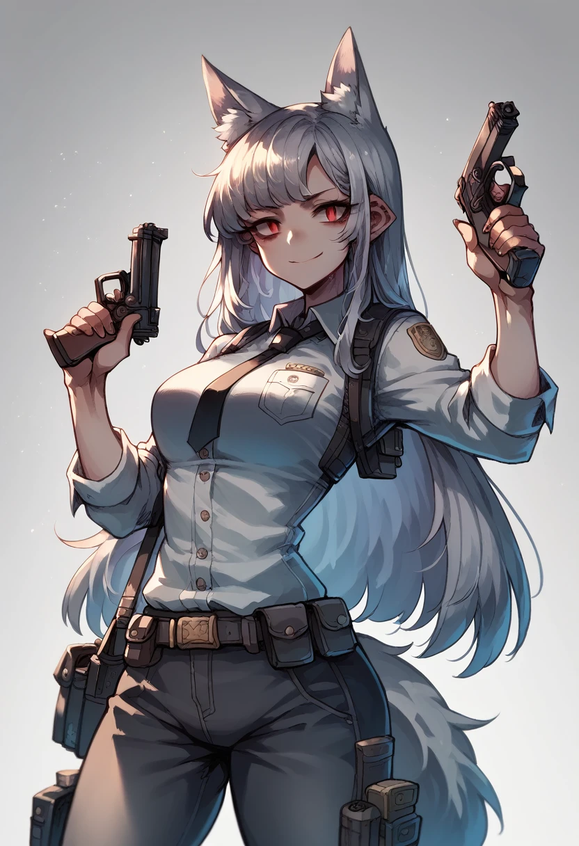 One girl,Fox Girl,Slit eyes,Silver Hair,Red eyes,Trimmed long hair,high school girl,Police uniform,Mobile Task Force Equipment,Wicked Smile,Full Art,Handgun,Possession of a gun,Ready your gun?,Hard boots