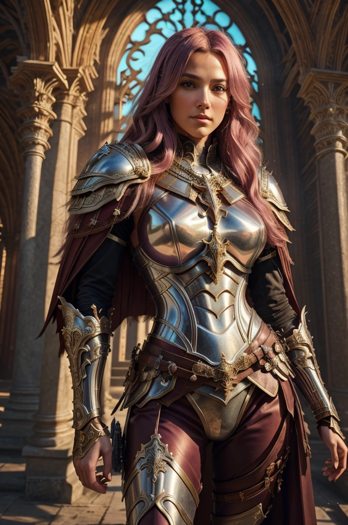  Create a photo of a strong and determined angelic warrior with long, translucent silver hair that falls over her shoulders.  She wears highly detailed burgundy and copper armor with a deep neckline ,  with additional leg protection .  The armor is of an elaborate and medieval design ,  with intricate carvings which indicate great artistic skill in her creation .  The warrior also wears a majestic cape with pink feathers that capture light in an impressive way . In your right hand,  she holds a sword ornamented with a sharp blade and cross-shaped guards ,  reflecting its heavenly and combative nature .  The background is the ruins of a religious building , which is poorly lit,  but there is a warm spotlight that highlights the figure ,  giving a dramatic and powerful appearance to the scene ,  suggesting that it is inside a cathedral or sacred hall . majestoso, Urban pop , Modern art, close-up,  Texturing , Soft Focus, Items, soft colors, hyperrealism,  full moon lighting , 4K