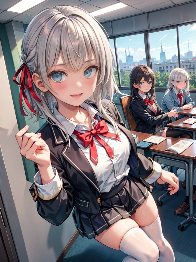  1 girl,  Maria Mikhailovna Kujo, tooki bosotto roshia-go de dereru tonari no arya-san,Alone, big smile, Long Hair,  I can see my eyebrows through my hair,   grab a book , Silver Hair,  Hair Ribbon, blue eyes, medium breasts,   School Uniforms, white legwear,zettai ryouiki, Long sleeve,  jacket,
ceiling, Portrait,  watching viewers, Serious, corridor,  opens her mouth, short hair,
 best quality,  Very aesthetic, Absurd