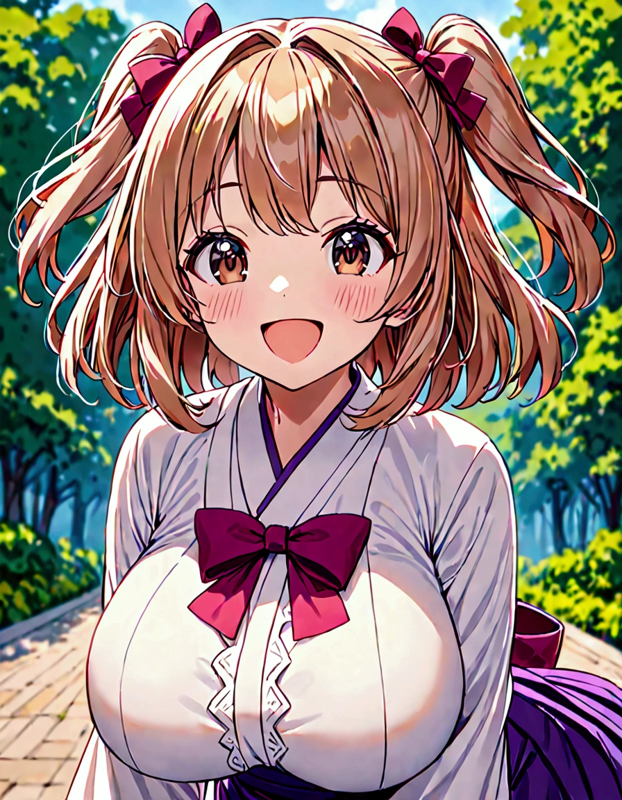 (masterpiece)(best quality)(ultra detailed)(high resolution),solo  girl, light brown hair medium hair wave hair, two side up with ribbon, dark brown eyes, large breasts, goddess face, ;d, upper body above the knees, {purple hakama}, {white kimono}, outdoors,