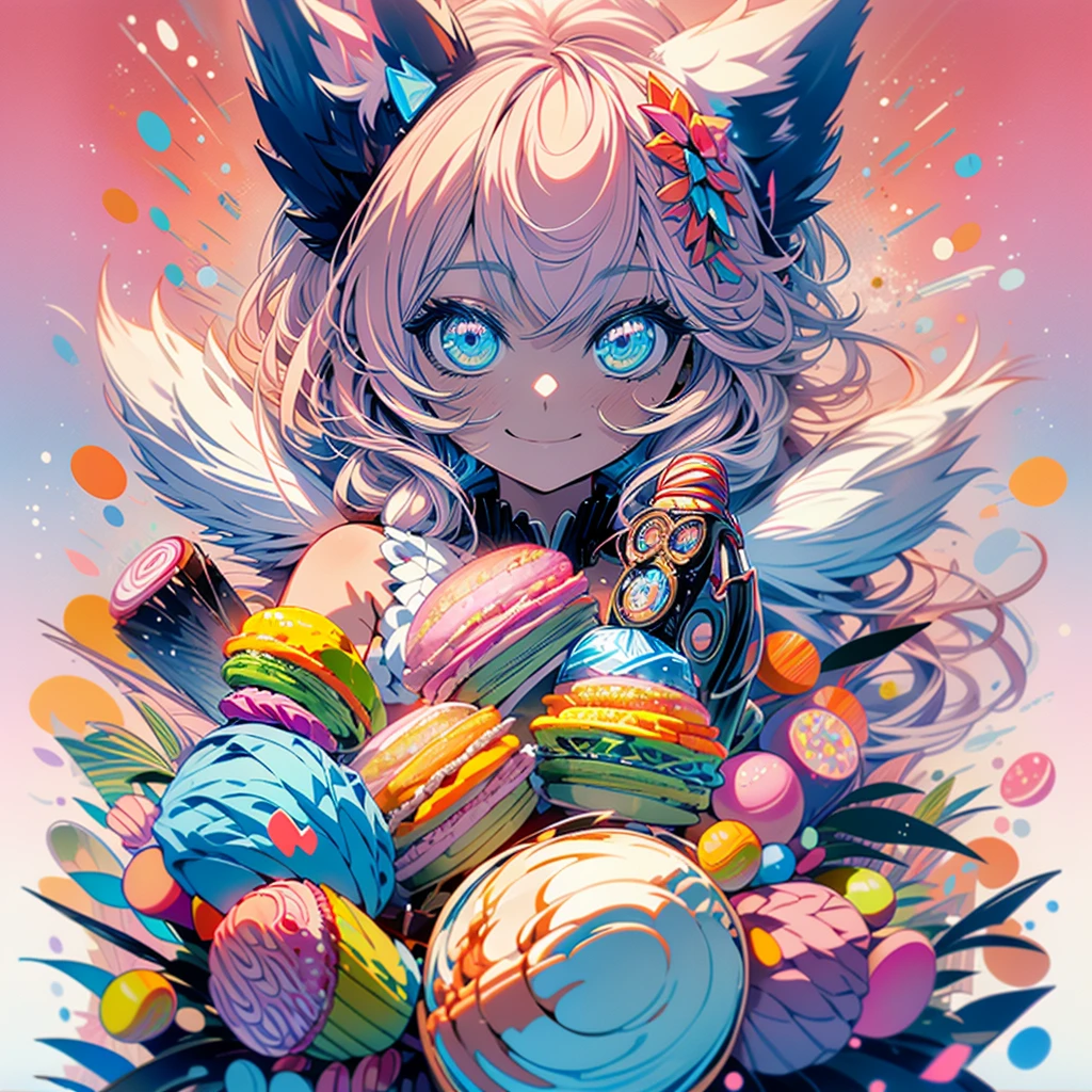 high resolution, best quality, masterpiece, very high image quality, ultra-detailed, anime, illustrations, white haired girl. long low pigtail hair. Blue eyes. big cat ears on the side of her head. blue eyes. magical girl outfit. happy smile. 1 sharp tooth. dynamic pose. full body. pink background. macarons. peaches