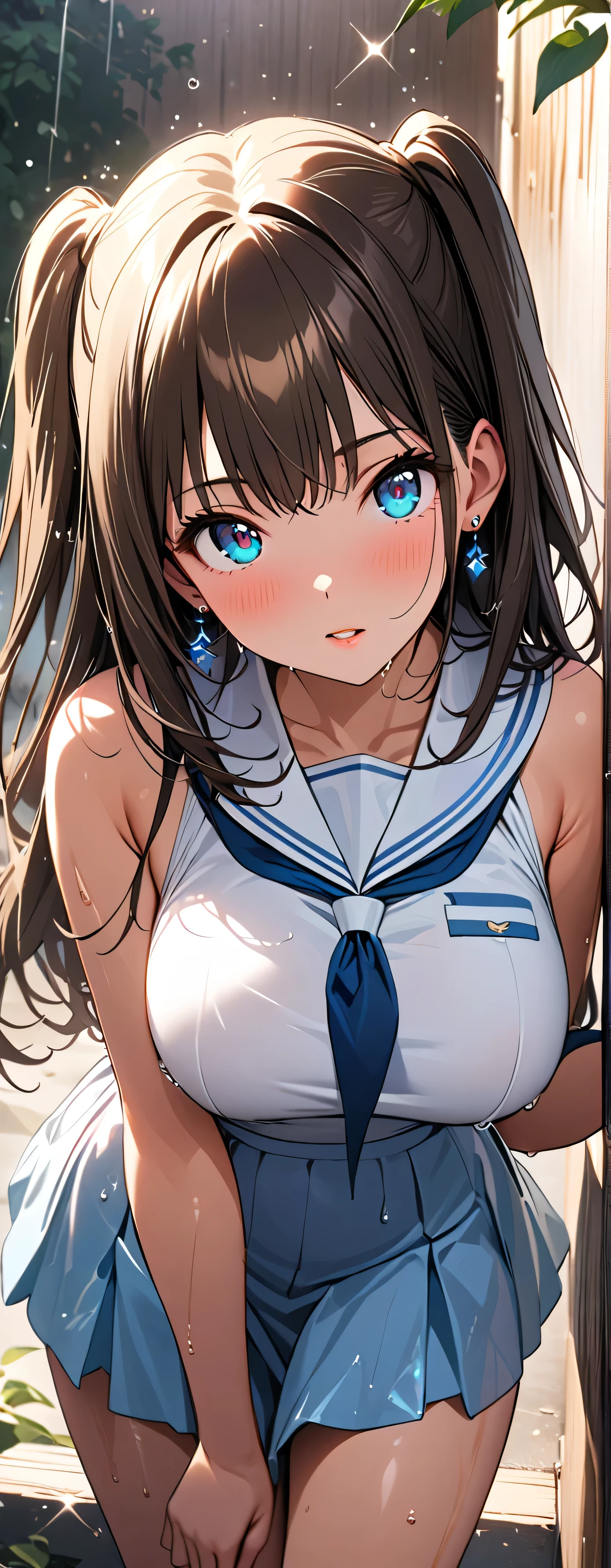 ( BEAUTIFUL GIRLS: 1.3), 1 Girl,masterpiece, Best Quality, ultra high resolution, Rich Contrasts , Super High Quality ,8k, High Definition CG Unit Wallpaper,Texture, incredibly absurd, ultra high resolution,RAW photo,Depth of written boundary 1.2,(White sailor suit&Light Blue Skirt),Brown Hair,Both sides up, Super Precise Eyes,Sensual, glowing skin for legs ,Glitter Effect, Beautiful Shiny Lips ,,Rain dripping leaves, Sunlight shining through trees , after rainの香り,Sigh, looks up,(Wet),(Large Breasts), after rain, FOCUS ON THE LIPS, frontal close-up shot, natural makeup , earrings with cups