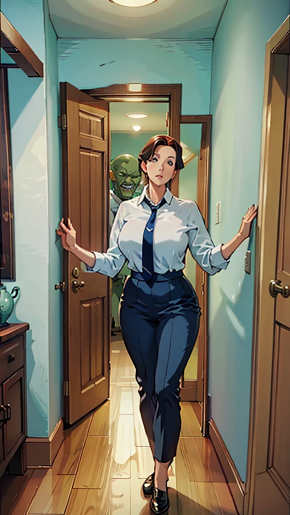 Animated mature woman in a white shirt and tie standing in a doorway with a goblin in the background、Standing in the doorway with a goblin in the background。