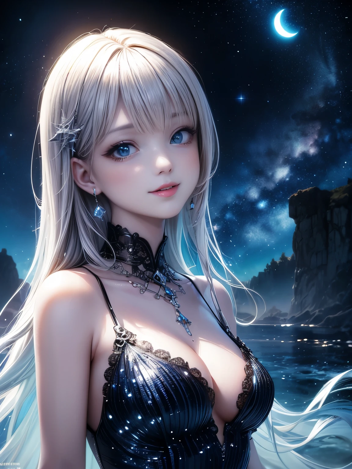 masterpiece,Highest image quality,Super details,best quality ,extremely delicate and beautiful, Very detailed,best quality, official art, Extremely detailed CG unified 8k wallpaper, Ana de Armas portrait photo, Blonde hair with black pupils,shiny skin, (beautiful eyes:1.1), beautiful skin, big watery eyes,(detailed lighting:1.2), (Beautiful and detailed light:1.3),Black cotton ink pattern crescent moon water drop hollow sleeveless skirt ,Beautiful udder, The most perfect breast ball shape,firm breast balls,Deep cleavage,Naked of breast,complex, digital drawing, Smooth, sharp focus, end of the world, epic reality, (high dynamic range:1.4), (pastel colors:1.4), Revelation,Bright colors, screen space refraction, (intricate details, Super detailed:1.3), art station, lens, complex background, buliding,Beautiful smile,The most beautiful look,Detailed moon background,Dreamcatcher earrings,dreamlike,The best look,Beautiful black ink pattern crescent moon water drop goddess,