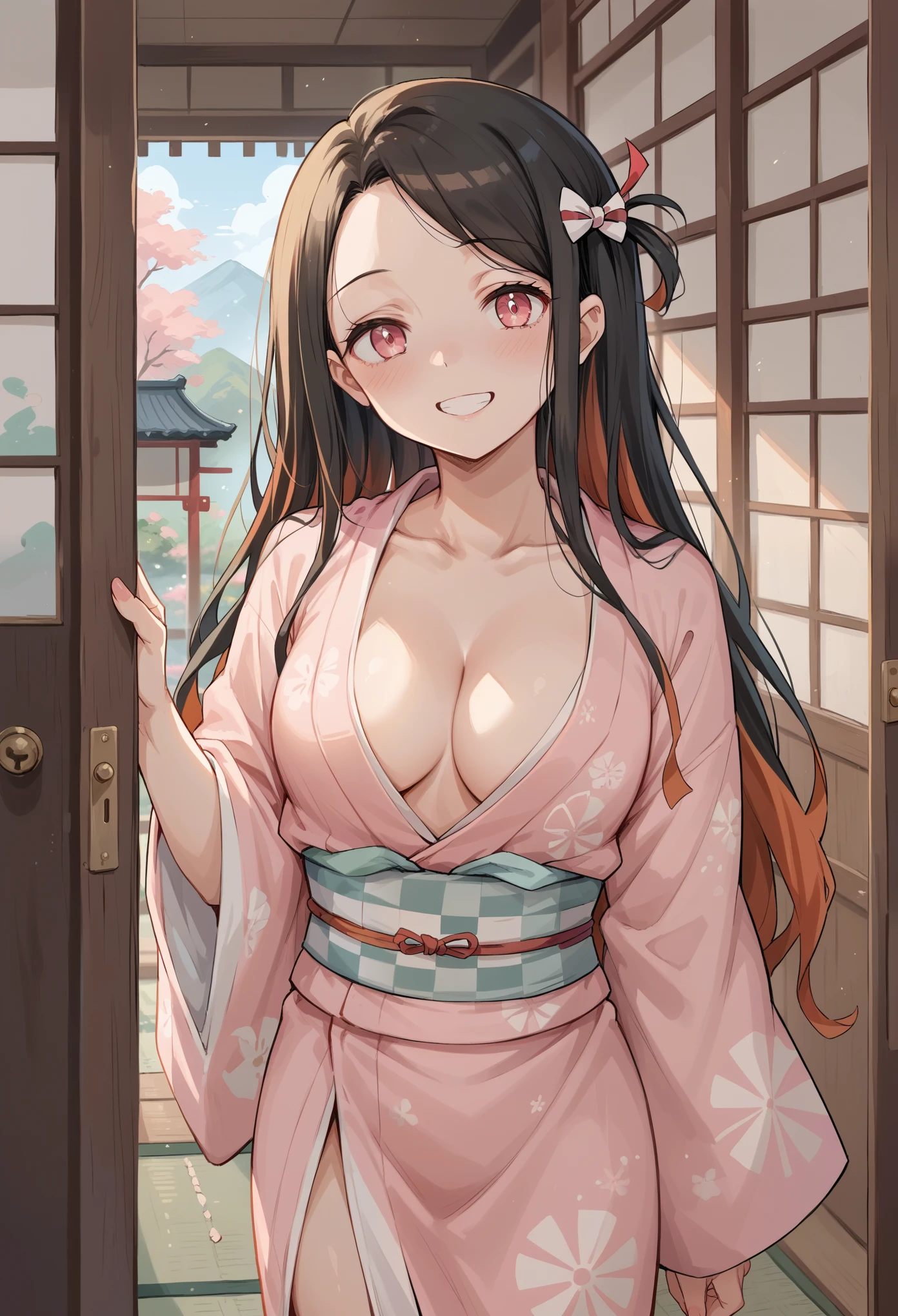 {{Nezuko Kamado}}, long hair, wearing pink kimono with open cleavage, opening door from inside , classic japanese house, smiling 