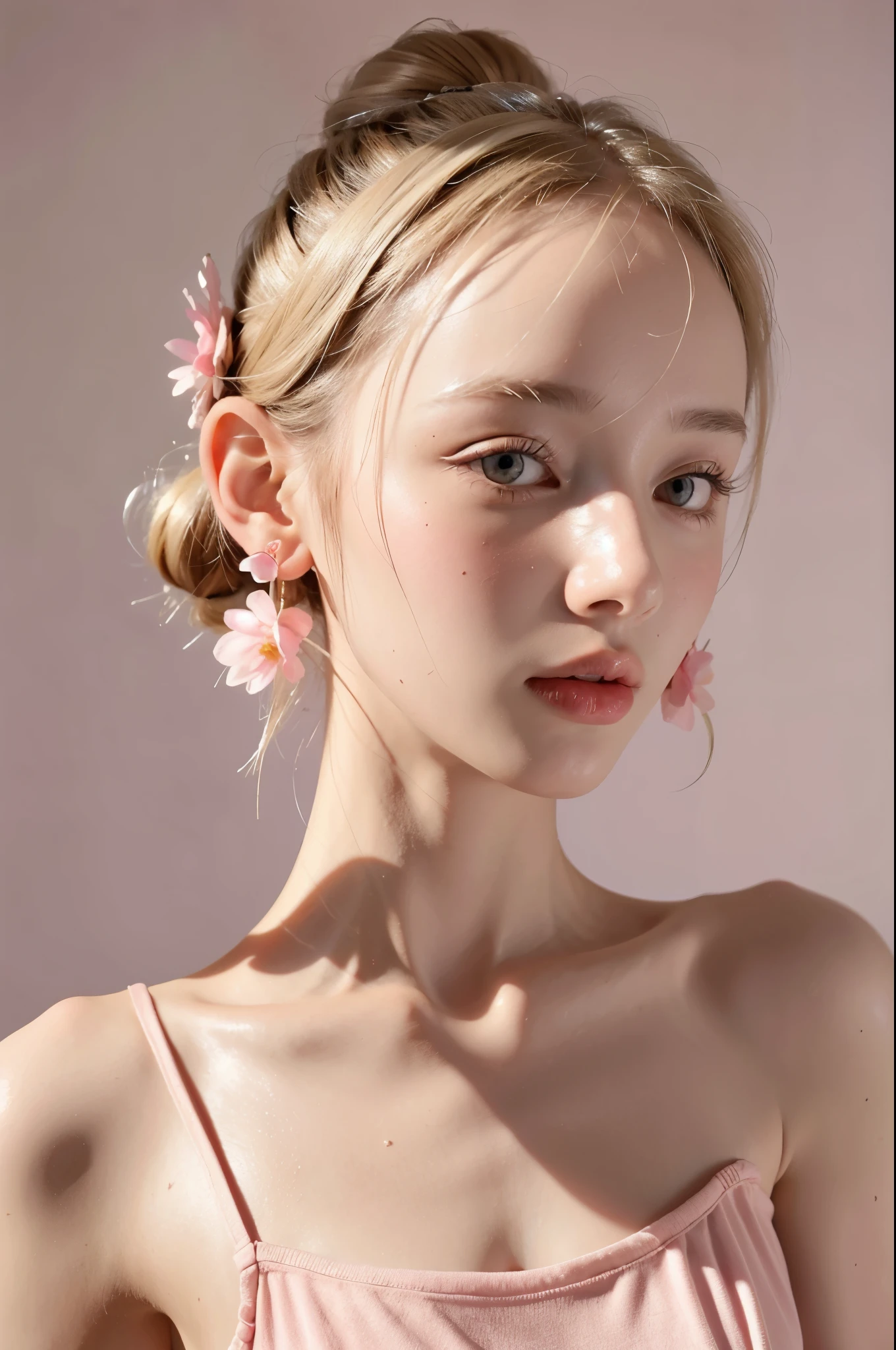 1girl,face,blonde hair in a bun,pink flower hairclips,pink dress,white background,