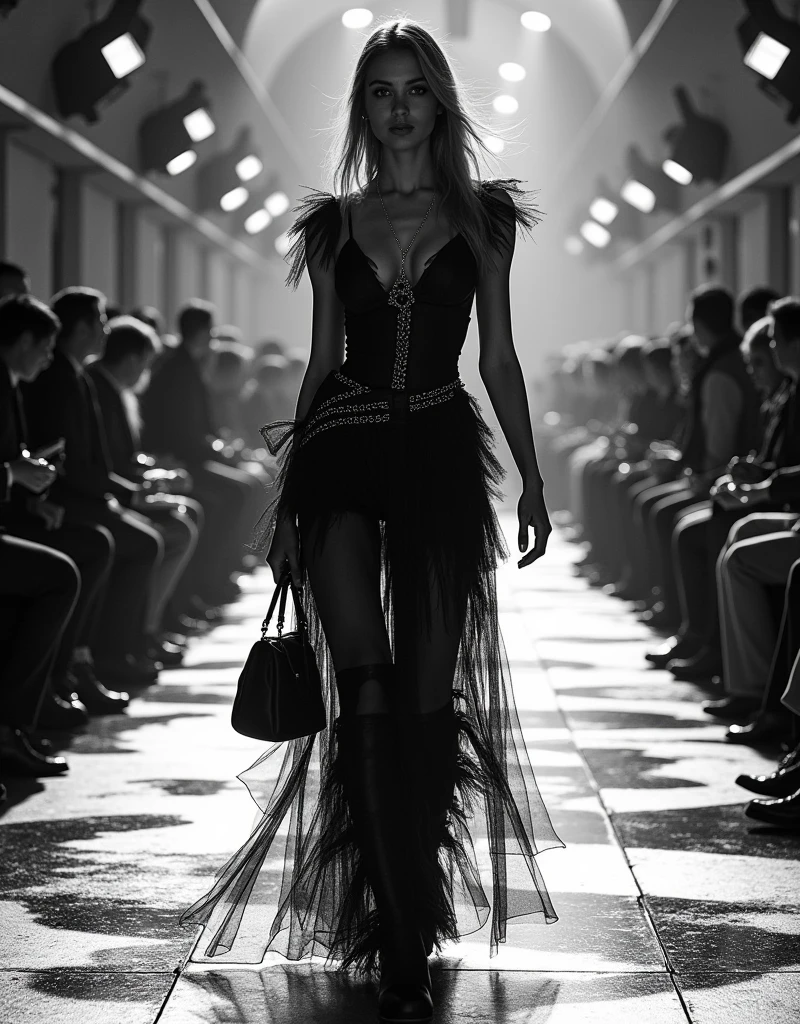 Black and White Photography, Top Fashion Model ,    novel and unusual costumes created by professional designers,   attractive woman walking on the catwalk , A charming way to walk  ,   BREAK shows only the background in multiple colors  ,   dark gliding The road emphasizes black and white subjects  ,  A glamorous stage ,  カRoughルな美的ファッションショー , shot from below, DYNAMIC CINEMA ,   A world where only the subject is absolutely monochrome   , The perfect subject model for Black and White Photography,   BREAK adds colors other than the subject  ,   only the runway is full color coated  ,  背景のみにカRoughルなオーバーレイ  , Rough