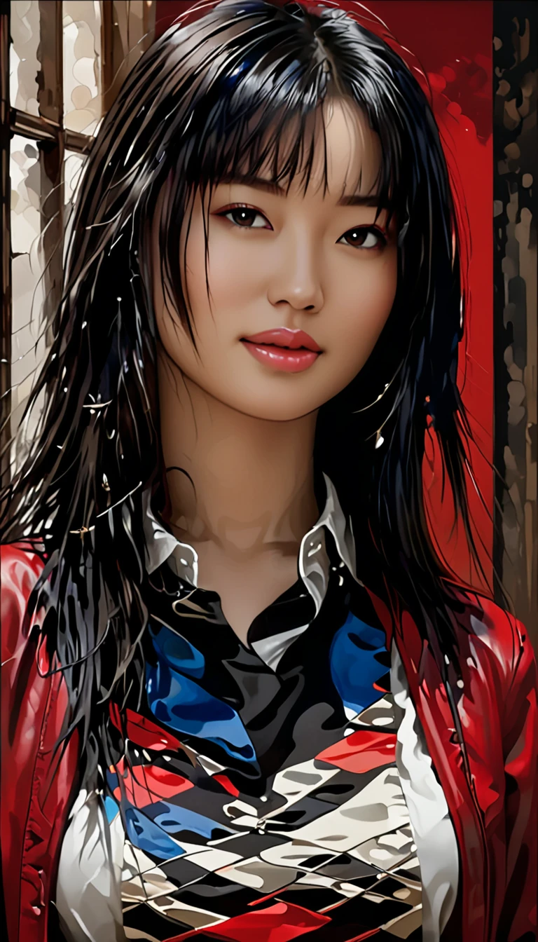 Create a digital painting of a supermodel with black hair, wearing a white shirt and a denim miniskirt, posing sensually. Design the painting in the manner of Jim Lee, with intricate line drawings, high-quality details and realistic colors. Add white highlights, grayscale shadows and surreal elements. The model should have beautiful, calm eyes and a charming, graceful face. The atmosphere should be neon-light, with abstract black oil and grunge-style details. Use a mixture of techniques including contour, acrylic and detailed rendering to create a masterpiece with fine details and photorealistic quality. Focus on the styles of artists such as Russ Mills, Sakimichan, Vlop, Luash, Artgerm, Darek Zabrotsky, Takato Yamamoto and Jean-Baptiste Monge, as well as the works of Pino Daheni, Jeremy Mann, Alex Maleev and other famous artists. The final product should be an exciting, alluring and highly detailed work of art. (by Anton Kotov),kodew