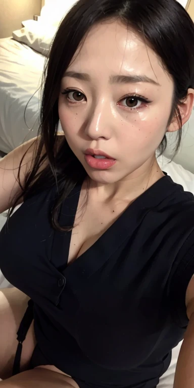 japanese mature,  milf,  realisticlying,  45-year-old girl、 Wearing a white tank-top， Face enhancement， Chest super large zoom， Cleavage emphasis， Looking up from the bottom， Blackening of hair， Blushing， Red lips， A sexy， Bed sit， stick out your tongue and open your mouth wide、 Wrinkles between the eyebrows， Sweaty face