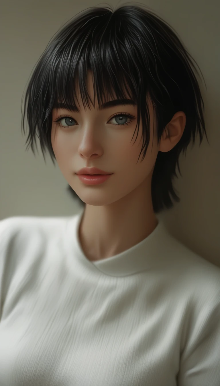 Create a digital painting of a supermodel with black hair, wearing a white shirt and a denim miniskirt, posing sensually. Design the painting in the manner of Jim Lee, with intricate line drawings, high-quality details and realistic colors. Add white highlights, grayscale shadows and surreal elements. The model should have beautiful, calm eyes and a charming, graceful face. The atmosphere should be neon-light, with abstract black oil and grunge-style details. Use a mixture of techniques including contour, acrylic and detailed rendering to create a masterpiece with fine details and photorealistic quality. Focus on the styles of artists such as Russ Mills, Sakimichan, Vlop, Luash, Artgerm, Darek Zabrotsky, Takato Yamamoto and Jean-Baptiste Monge, as well as the works of Pino Daheni, Jeremy Mann, Alex Maleev and other famous artists. The final product should be an exciting, alluring and highly detailed work of art. (by Anton Kotov),kodew