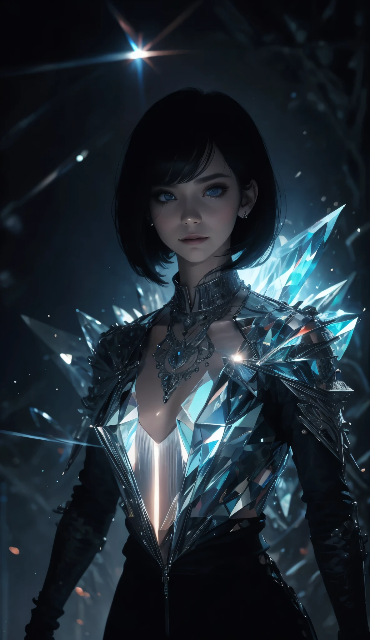 (Full body:1) of a young girl, smart casual, hacker's server room, detailed face, ((cool facial expression)), (straight short thin fringe hair:1.2), Crystalline details, ultra detailed photograph, (photorealistic), (intricate details:1),(masterpiece :1), (best quality:1), ultra high res, (detailed eyes), (detailed facial features), HDR, 8k resolution, (lens flare:0.5), light from far behind, (smile, joy)