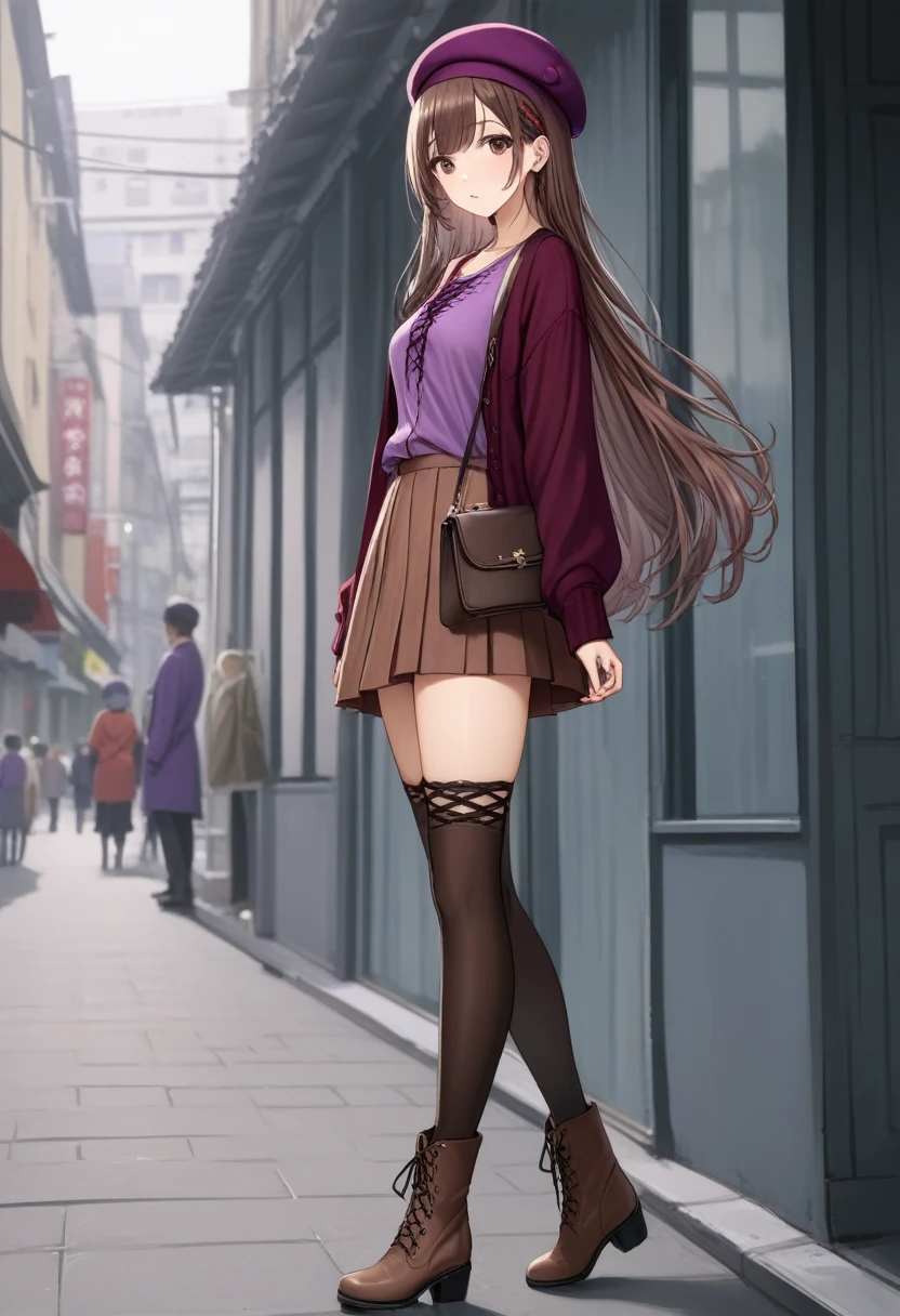 ( wine red asymmetrical mini skirt :1.3), (mocha brown long-sleeve blouse:1.2), (light-weight purple cardigan:1.3),(long back hem:1.3),(side skirt:1.4),(a classic brown beret :1.1), shoulder bag, (long lace up boots:1.3) ,(stocking:1.2), Her hair flows loosely, standing,looking into the distance,(full body shot),4k,out of focus,urban city,