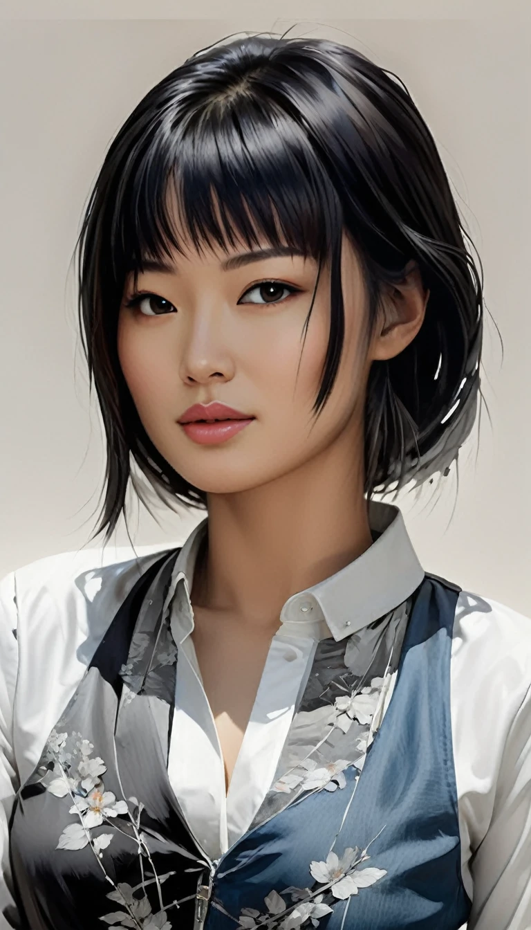 Create a digital painting of a supermodel with black hair, wearing a white shirt and a denim miniskirt, posing sensually. Design the painting in the manner of Jim Lee, with intricate line drawings, high-quality details and realistic colors. Add white highlights, grayscale shadows and surreal elements. The model should have beautiful, calm eyes and a charming, graceful face. The atmosphere should be neon-light, with abstract black oil and grunge-style details. Use a mixture of techniques including contour, acrylic and detailed rendering to create a masterpiece with fine details and photorealistic quality. Focus on the styles of artists such as Russ Mills, Sakimichan, Vlop, Luash, Artgerm, Darek Zabrotsky, Takato Yamamoto and Jean-Baptiste Monge, as well as the works of Pino Daheni, Jeremy Mann, Alex Maleev and other famous artists. The final product should be an exciting, alluring and highly detailed work of art. (by Anton Kotov),kodew