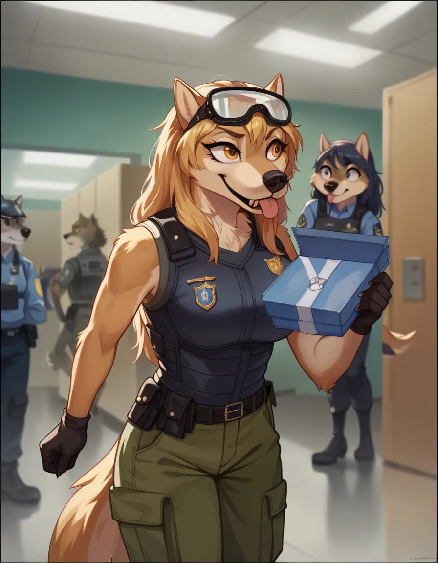 Accurate, Long Hair, High Resolution, Breasts, Tongue, Border, Goggles, Depth Of Field, Behance, wolf,furry, anthro, armoured police vest, sniffling boxes eith her nose, airport cargo room 