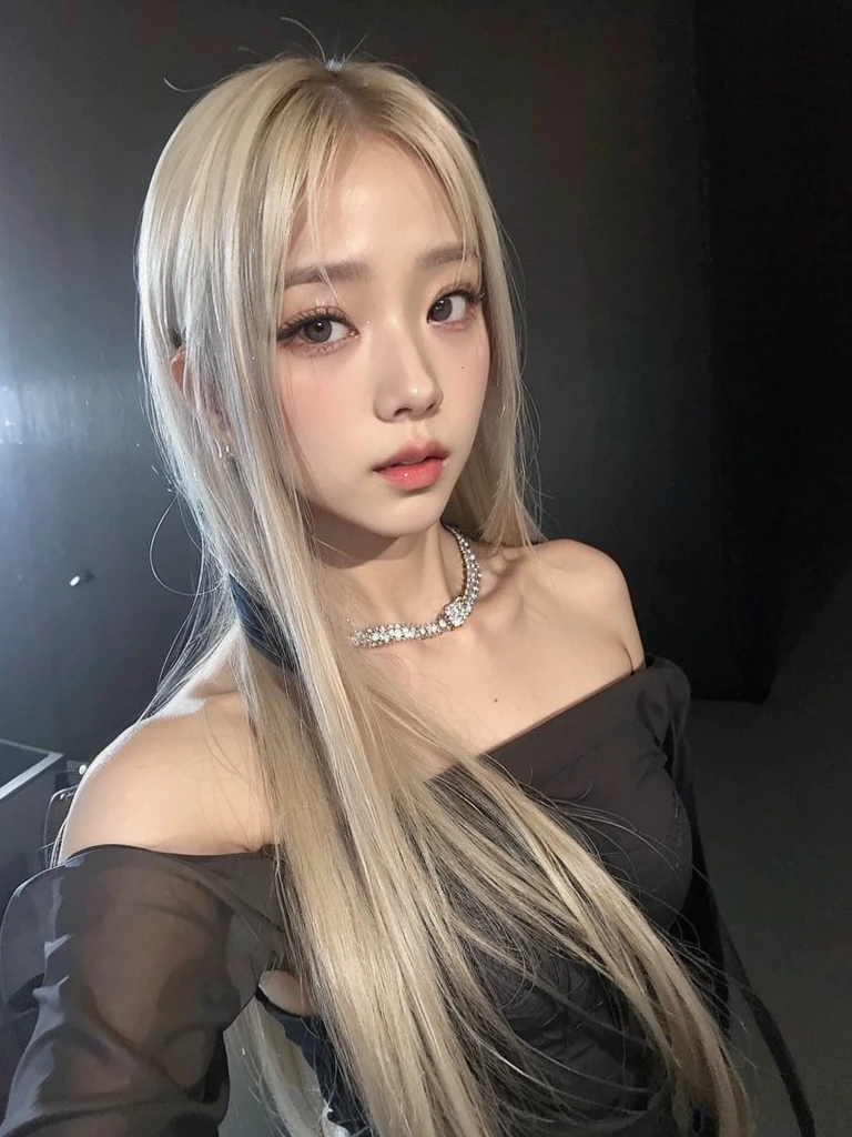  Blonde woman with long hair and a strangler wearing a black dress., Jisoo kim de BlackPink, the cut of hime, with long and white hair, Jisoo kim, portrait of Jisoo kim, hime white haircut, with long white hair, long and white hair with bangs