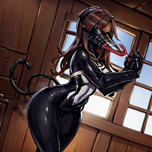 Slim brown skinned girl inside tight venom suit wearing a blindfold and a muzzle
