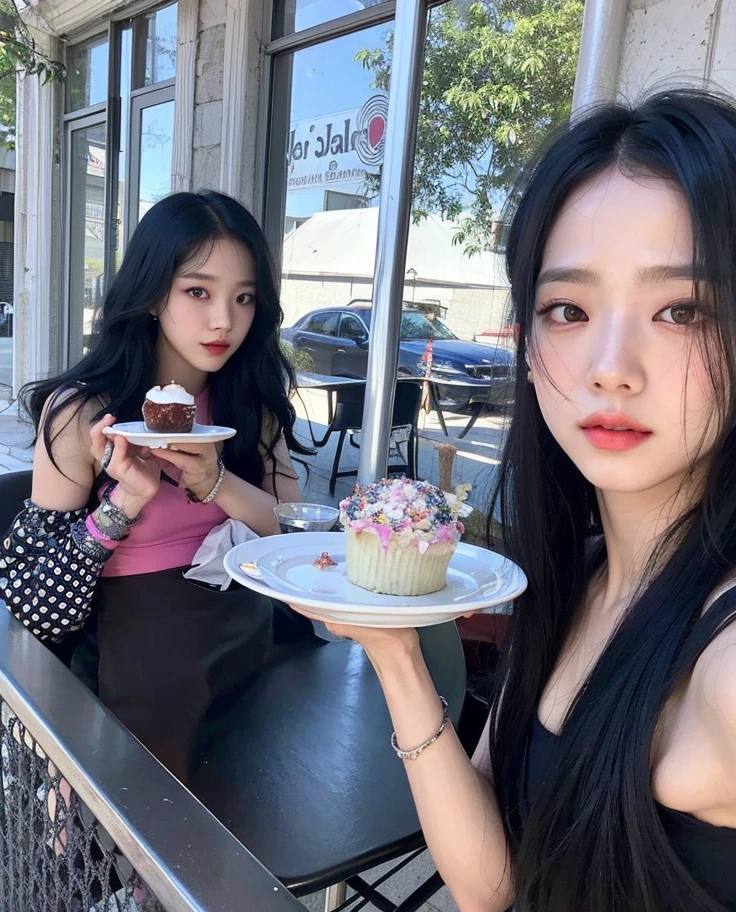 Black-haired woman with long hair and a strangler wearing a black dress., Jisoo kim de BlackPink, the cut of hime, with long and white hair, Jisoo kim, portrait of Jisoo kim, hime white haircut, with long white hair, long and white hair with bangs