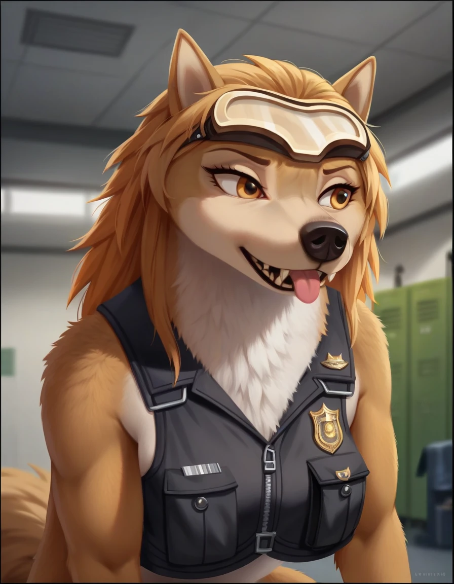 Accurate, Long Hair, High Resolution, Breasts, Tongue, Border, Goggles, Depth Of Field, Behance, wolf,furry, feral, black armoured police vest, sniffling boxes eith her nose, airport cargo room 