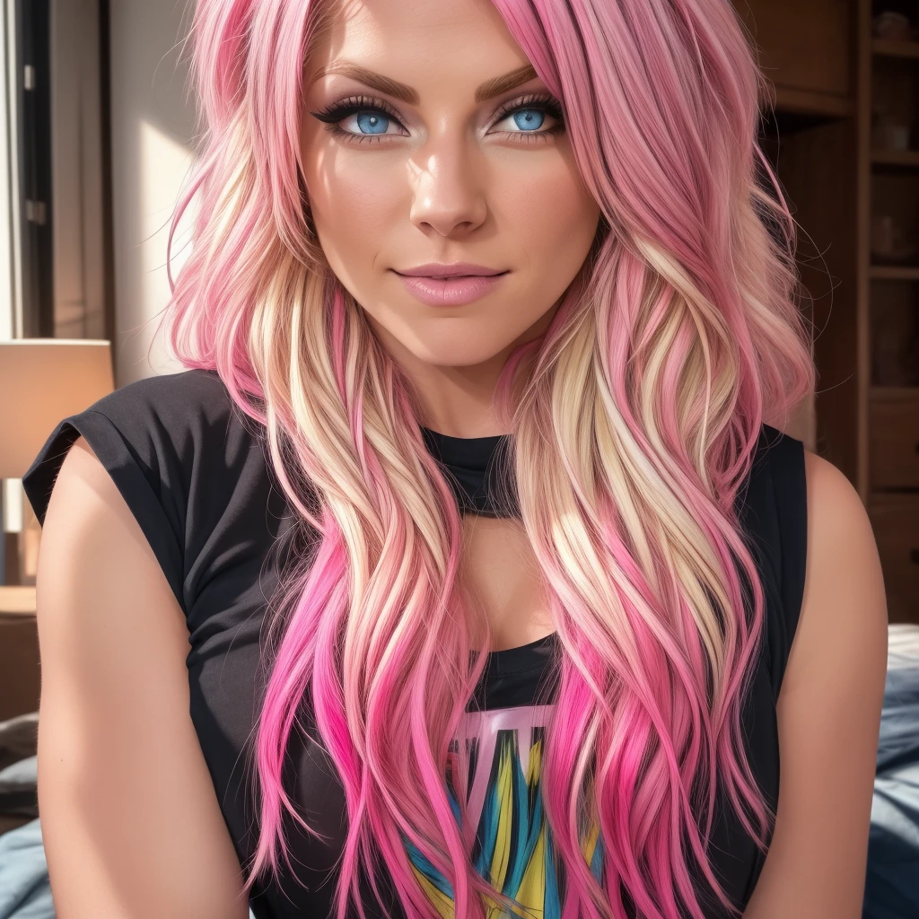 Best_QualityPos, RAW photo, intricate details, best quality, 8k uhd, soft lighting, 
1girl, solo, alexa bliss, blue eyes, long hair, multicolored hair, pink hair, blonde hair, 
black vest tshirt 