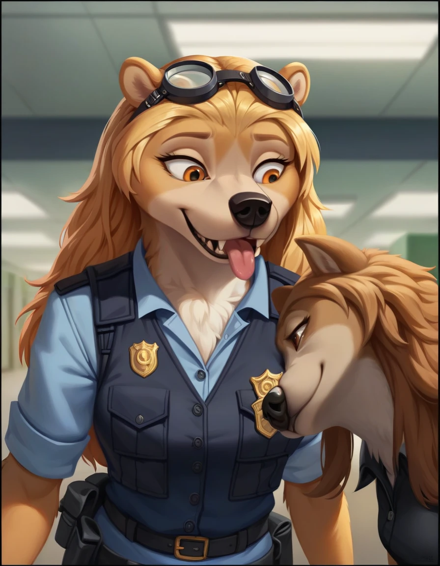 Accurate, Long Hair, High Resolution, Breasts, Tongue, Border, Goggles, Depth Of Field, Behance, wolf,furry, anthro, bear crawling, black armoured police vest, sniffling boxes eith her nose, airport cargo room 