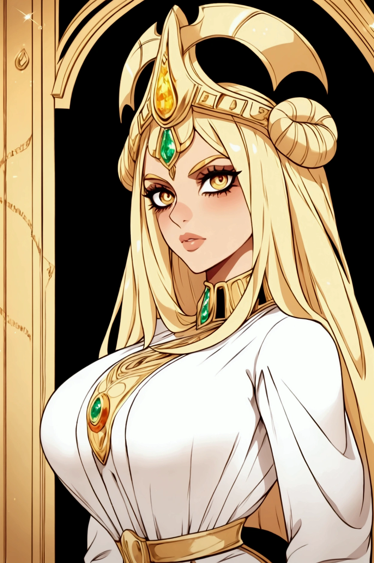 painterly anime artwork, An elegantly poised Pharaoh's lady, her identity shrouded in opulence and mystery. Her neck is adorned with an intricate and gleaming jeweled collar that encircles it like a regal serpent, crafted from gold and inlaid with precious gems that sparkle under the soft light of candelabras casting dramatic shadows on the walls of an ancient chamber. The collar's centerpiece is a large, radiant sapphire, nestled between the soft folds of her neck and collarbones, drawing the viewer's gaze to her captivating eyes. These eyes are framed by thick kohl liner, enhancing their allure and hinting at her wisdom beyond years. They are a mesmerizing blend of emerald and amber, holding an enigmatic expression that seems to gaze into the very soul of the beholder. Her skin is the color of warm desert sands, a flawless canvas for the fine detail of her makeup, which includes a perfectly symmetrical red line that extends from her nose to the corners of her lips, emphasizing their subtle curve. She is dressed in a sheer linen gown with golden threads woven into it, clinging to her form yet revealing the contours of her body beneath. The gown is complemented by a thick, bejeweled belt that cinches her waist, echoing the grandeur of the collar. The background is a rich tapestry of hieroglyphs and ancient motifs, hinting at a storied past and a lineage steeped in power. Despite the grandeur of her surroundings, the lady's simplicity and the directness of her gaze create a stark contrast, making her the undeniable focal point of the composition. Her beauty is timeless, a silent testament to the enduring allure of Egyptian royalty., masterpiece, fine details, breathtaking artwork, painterly art style, high quality, 8k, very detailed, high resolution, exquisite composition and lighting, natural beauty