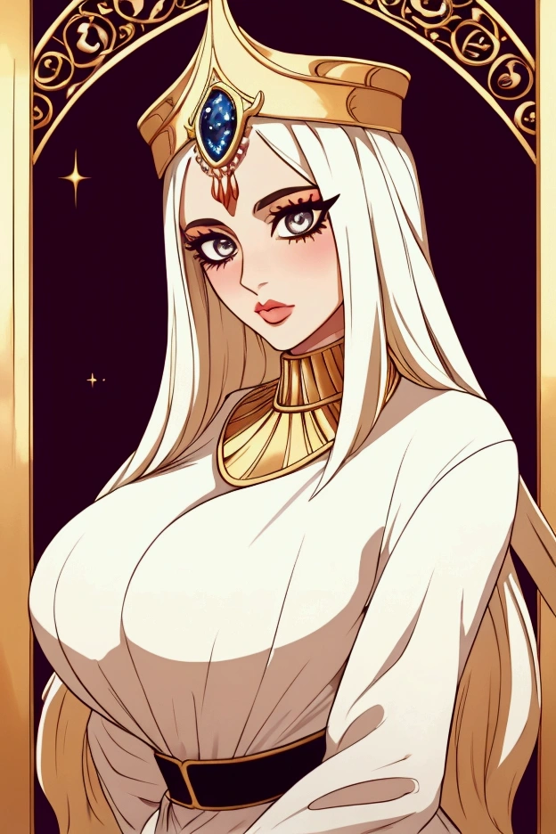 painterly anime artwork, An elegantly poised Pharaoh's lady, her identity shrouded in opulence and mystery. Her neck is adorned with an intricate and gleaming jeweled collar that encircles it like a regal serpent, crafted from gold and inlaid with precious gems that sparkle under the soft light of candelabras casting dramatic shadows on the walls of an ancient chamber. The collar's centerpiece is a large, radiant sapphire, nestled between the soft folds of her neck and collarbones, drawing the viewer's gaze to her captivating eyes. These eyes are framed by thick kohl liner, enhancing their allure and hinting at her wisdom beyond years. They are a mesmerizing blend of emerald and amber, holding an enigmatic expression that seems to gaze into the very soul of the beholder. Her skin is the color of warm desert sands, a flawless canvas for the fine detail of her makeup, which includes a perfectly symmetrical red line that extends from her nose to the corners of her lips, emphasizing their subtle curve. She is dressed in a sheer linen gown with golden threads woven into it, clinging to her form yet revealing the contours of her body beneath. The gown is complemented by a thick, bejeweled belt that cinches her waist, echoing the grandeur of the collar. The background is a rich tapestry of hieroglyphs and ancient motifs, hinting at a storied past and a lineage steeped in power. Despite the grandeur of her surroundings, the lady's simplicity and the directness of her gaze create a stark contrast, making her the undeniable focal point of the composition. Her beauty is timeless, a silent testament to the enduring allure of Egyptian royalty., masterpiece, fine details, breathtaking artwork, painterly art style, high quality, 8k, very detailed, high resolution, exquisite composition and lighting, natural beauty