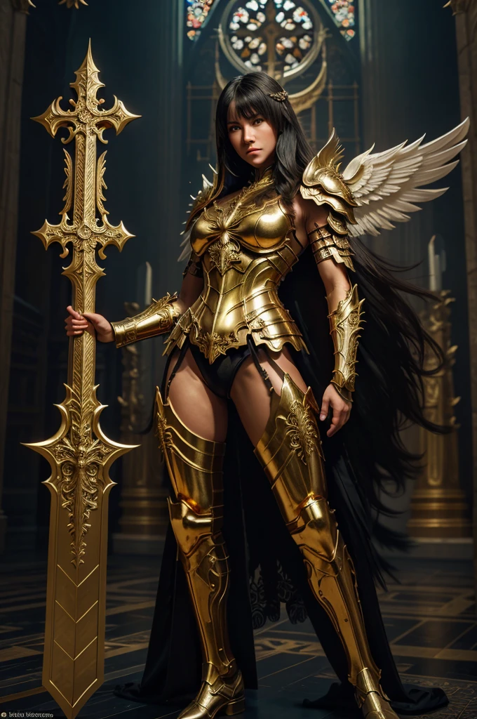 Create a photo of a strong, determined, angelic warrior with long, asian hair that falls gently over her shoulders. She wears highly detailed gold and silver armor covering her chest, shoulders, and arms, with additional protection on her legs. The armor is of an elaborate, medieval design, with intricate carvings that indicate great artistic skill in its creation. The warrior also has large, majestic wings with white feathers that catch the light beautifully. In her right hand, she holds an ornate sword with a sharp blade and cross-shaped guards, reflecting her celestial and combative nature. The background is dimly lit, but there is a warm spotlight that highlights the figure, giving a dramatic and powerful look to the scene, suggesting that she is inside a cathedral or sacred hall., gloomy, Dark Fantasy, Artwork, panoramic, Unreal Engine rendering, Grainy, Mosaic, jazzy colors, Photorealism, Laser Show lighting, Studio quality