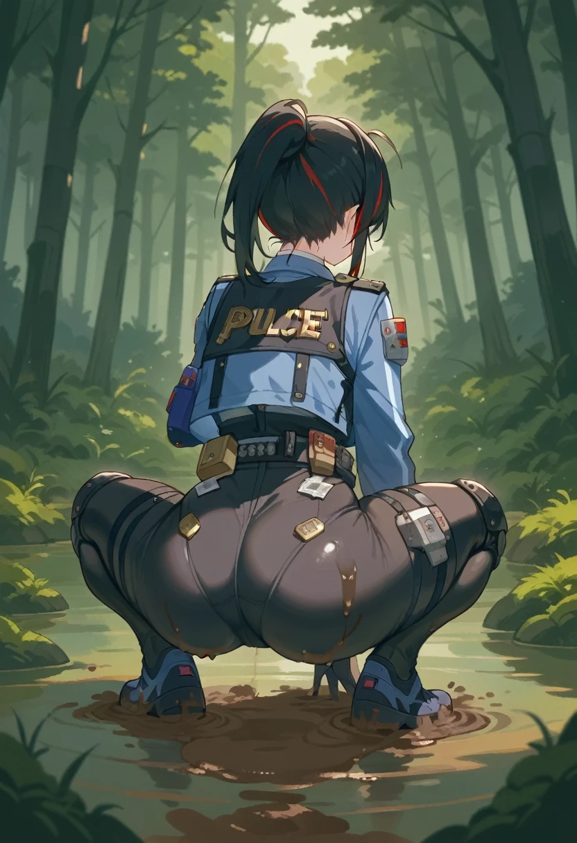 1woman, mature, solo, squatting, zhu yuan, backview, big ass, black hair, long hair, streaked hair, ponytail, metal hairband, police uniform, blue jacket, cropped jacket, long sleeves, black vest, two-tone vest, black gloves, green necktie, plaid necktie, black pants, high-waist pants, belt, thigh straps, knee pads, holster, tight pants, blue footwear, forest, quicksand, mud, squatting, quicksand, sunny weather,