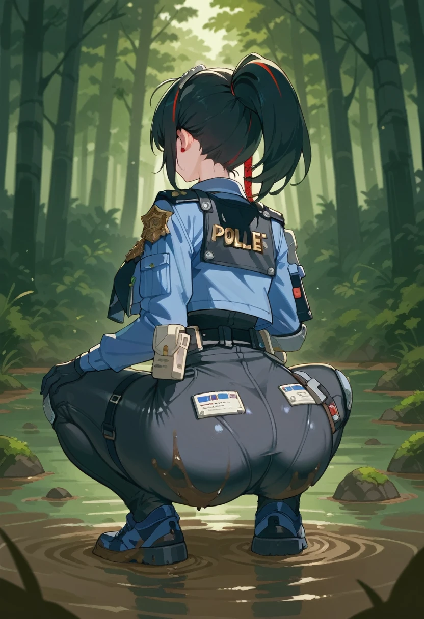 1woman, mature, solo, squatting, zhu yuan, backview, big ass, black hair, long hair, streaked hair, ponytail, metal hairband, police uniform, blue jacket, cropped jacket, long sleeves, black vest, two-tone vest, black gloves, green necktie, plaid necktie, black pants, high-waist pants, belt, thigh straps, knee pads, holster, tight pants, blue footwear, forest, quicksand, mud, squatting, quicksand, sunny weather,